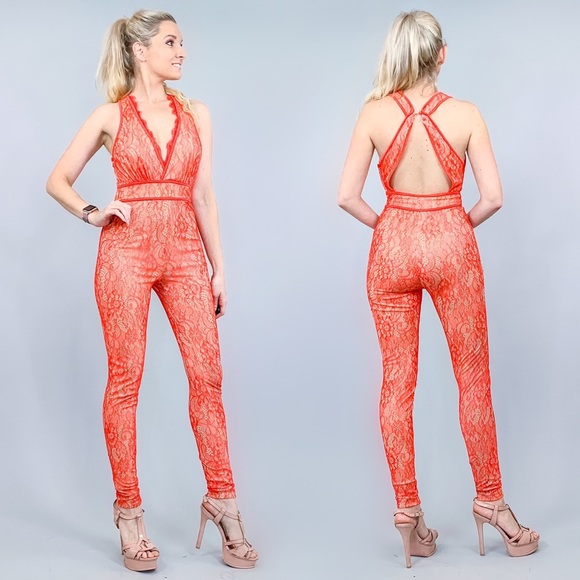 Arden B Pants - Coral Lace Fitted Pants Jumpsuit by Arden B
